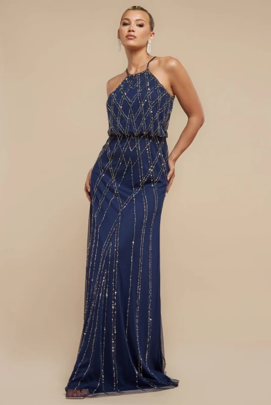Image of Goddiva Womens Racer Neck Sleeveless Sequin Maxi Dress in Navy Size: 10 Navy Female 10