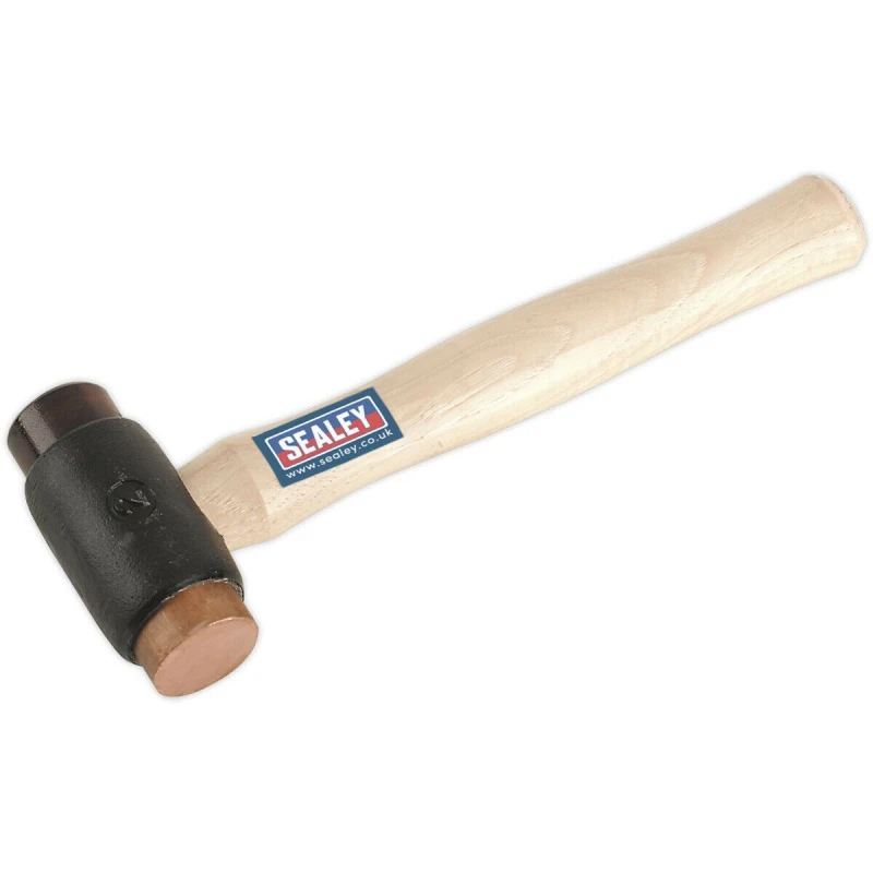 Image of Loops 2.25lb Copper and Rawhide Faced Hammer - Hickory Wooden Shaft - Iron Head Copper