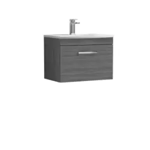 image of Nuie Athena 600 Wall Hung Single Drawer Vanity & Curved Basin - Grey Woodgrain