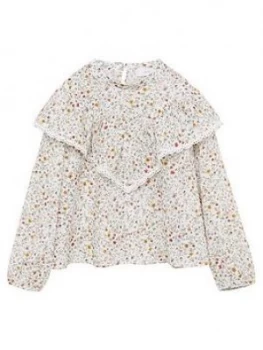 Image of Mango Girls Floral Long Sleeve Blouse - Cream, Size Age: 9 Years, Women