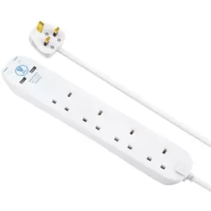 Image of Masterplug 4 Socket 2m 13 Amp Surge Protected Extension Lead + 2x USB (2.1A) - White