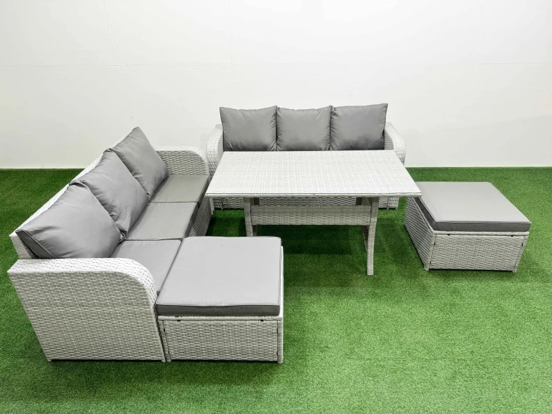 Image of Fimous Outdoor Garden Furniture Sets 8 Seater Wicker Rattan Furniture Sofa Sets with Rectangular Dining Table high Back Lounge Sofa 2 Big Footstool Li