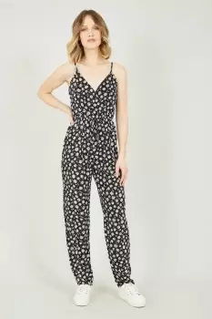 Image of Black Daisy Print Wrap Front Jumpsuit