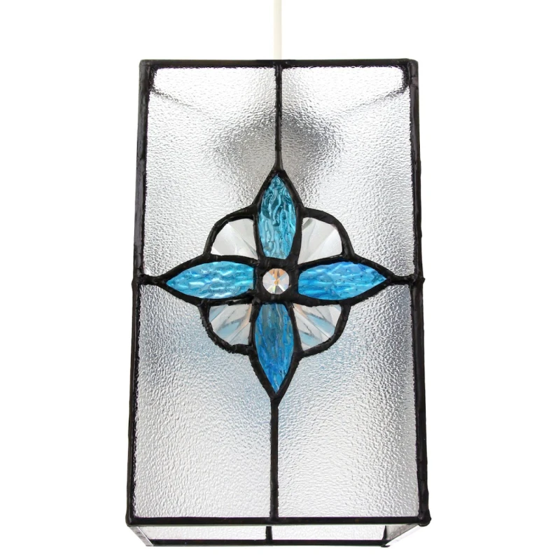 Image of Happy Homewares Traditional Clear Glass Tiffany Style Pendant Light Shade with Coloured Panels in Teal Teal Unisex