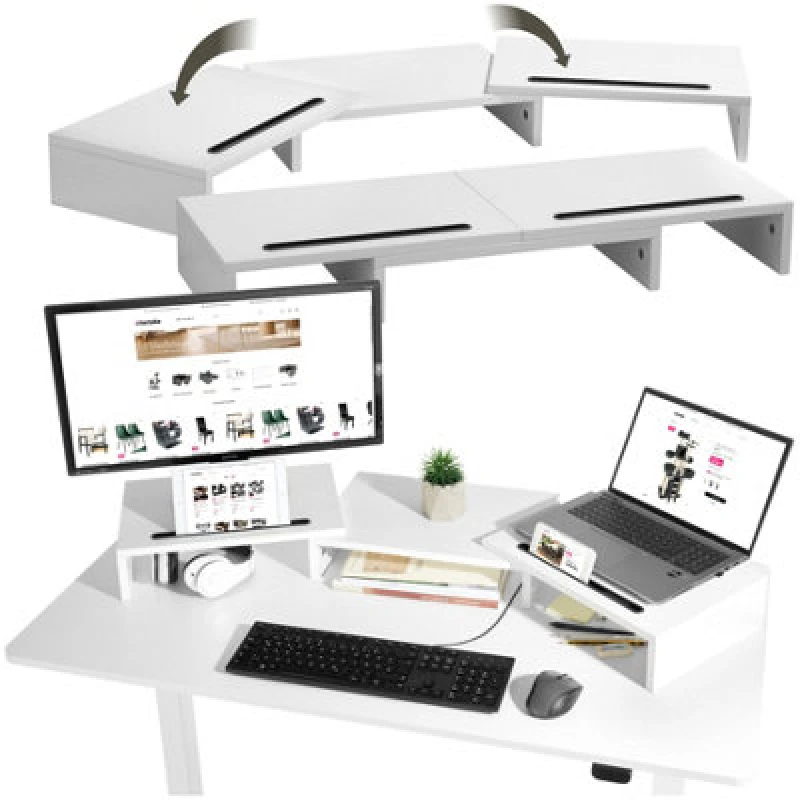 Image of Tectake Monitor Stand - 3 Piece, Adjustable, Smartphone Holders, Incl. Storage - White
