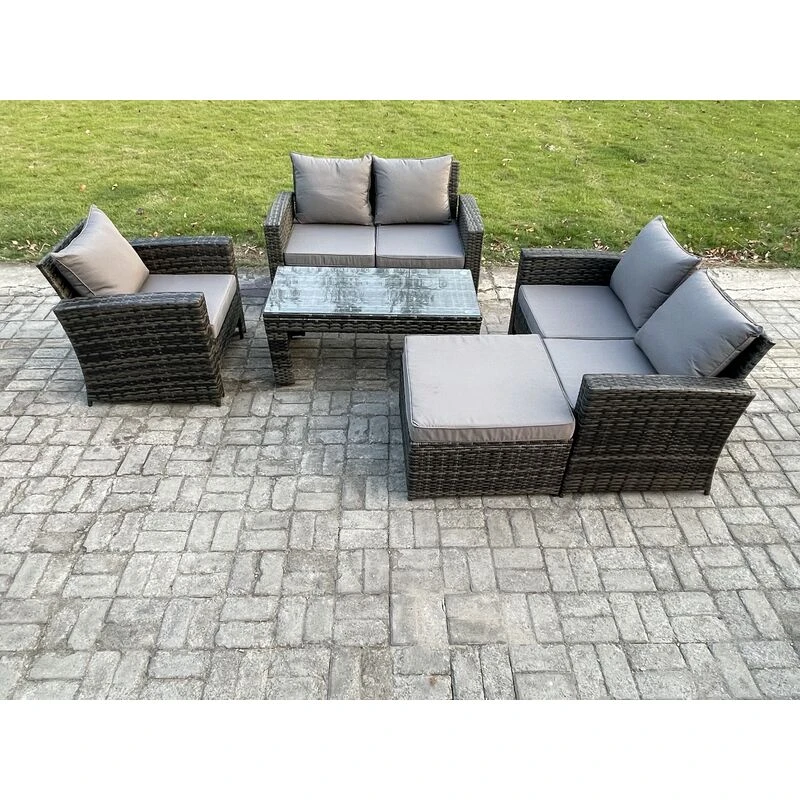 Image of Fimous 5pcs Rattan Outdoor Garden Furniture Sofa Set with Coffee Table Big Footstool Dark Grey Mixed Dark Grey Unisex