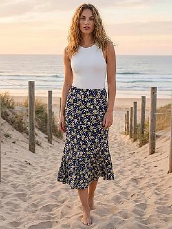 Image of Roman Womens Daisy Print A-Line Stretch Skirt in Navy Size: 18 Navy Female 18