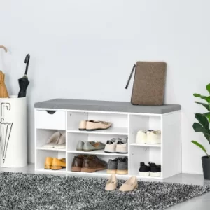 Image of HOMCOM Shoe Bench with Seat Cushion Shoe Storage Cabinet with 7 Compartments Drawer Adjustable Shelves for Entryway Hallway Living Room White and Grey