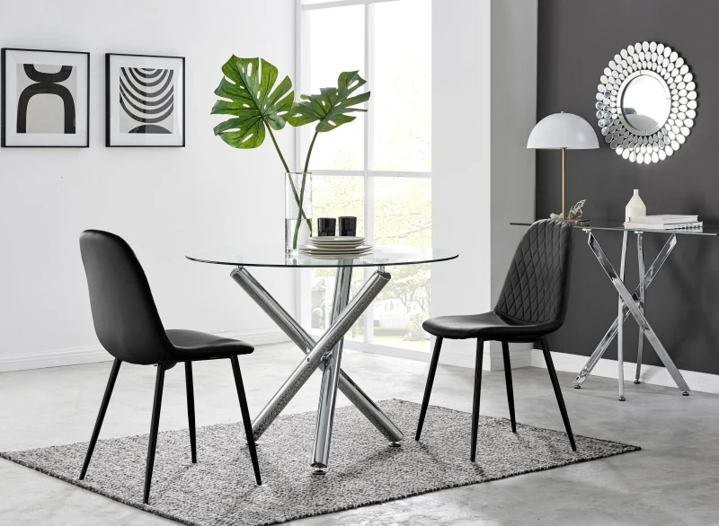 Image of FurnitureboxUK FurnitureboxUK Selina Round Glass Chrome Leg Dining Table and 2 Corona Black Leg Chairs Size: 2 Person Black 2 Person Unisex 50565426