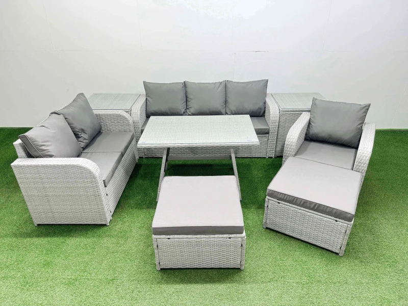Image of Fimous Rattan High Back Lounge Sofa Set Patio Dining Table & Chairs Set With 2 Side Tables 2 Big Stool Light Grey