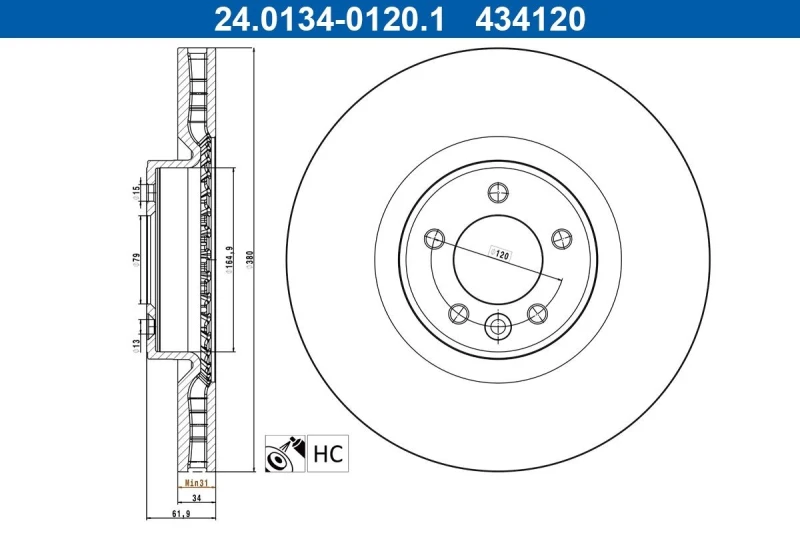 Image of Brake disc ATE 24.0134-0120.1