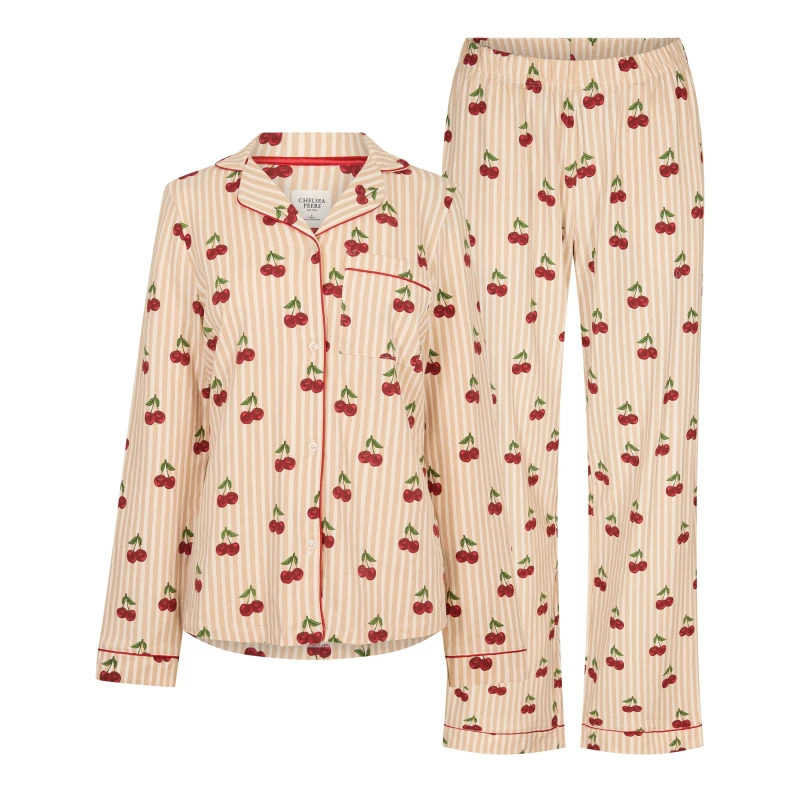 Image of Chelsea Peers Womens Cotton Long Sleeve Pyjama Set Cherry Stripes female 8 (XS)