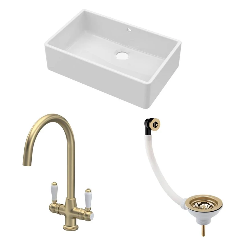 Image of BALTERLEY Fireclay Kitchen Bundle - Single Bowl Butler Sink with Overflow, Waste & Mono Crosshead Tap, 595mm - Brushed Brass - Balterley BKS207WT11
