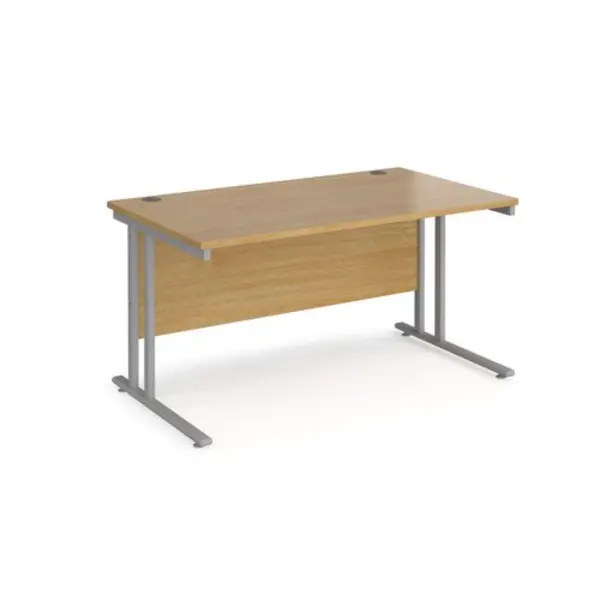 image of Office Desk 1400mm Rectangular Desk With Cantilever Leg Oak Tops With Silver Frames 800mm Depth Maestro 25