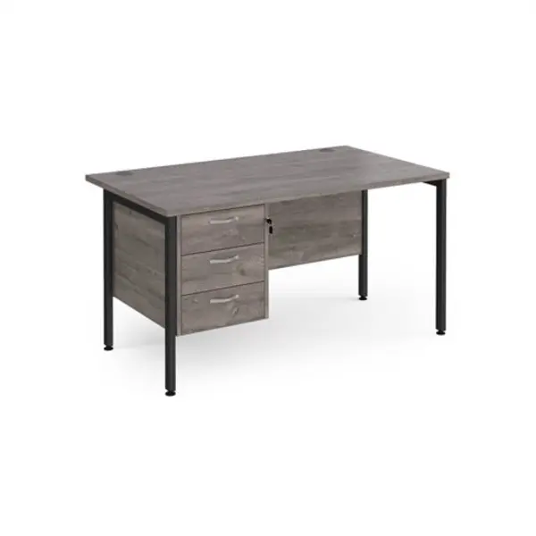 image of Maestro 25 straight desk 1400mm x 800mm with 3 drawer pedestal - Black H-frame leg, grey oak top