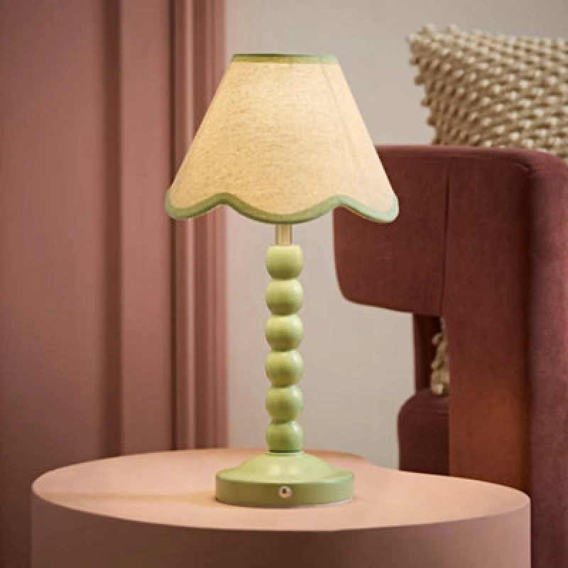 Image of Valuelights Bobble Green Scallop Trim Shade Green Rechargeable Wooden Table Lamp