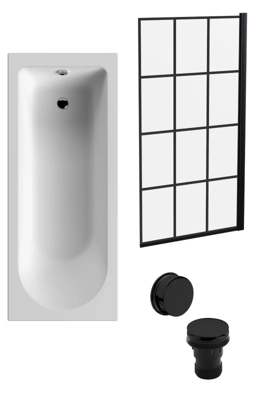 Image of Balterley Round Single Ended Bath Tub Black Framed Screen Black Waste 1700x700mm Black