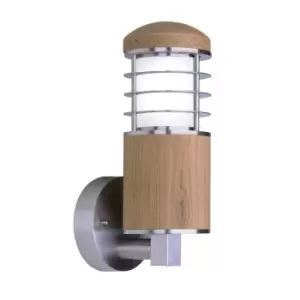 image of Outdoor IP44 Wall Light Stainless Steel And Teak LED E27 15W