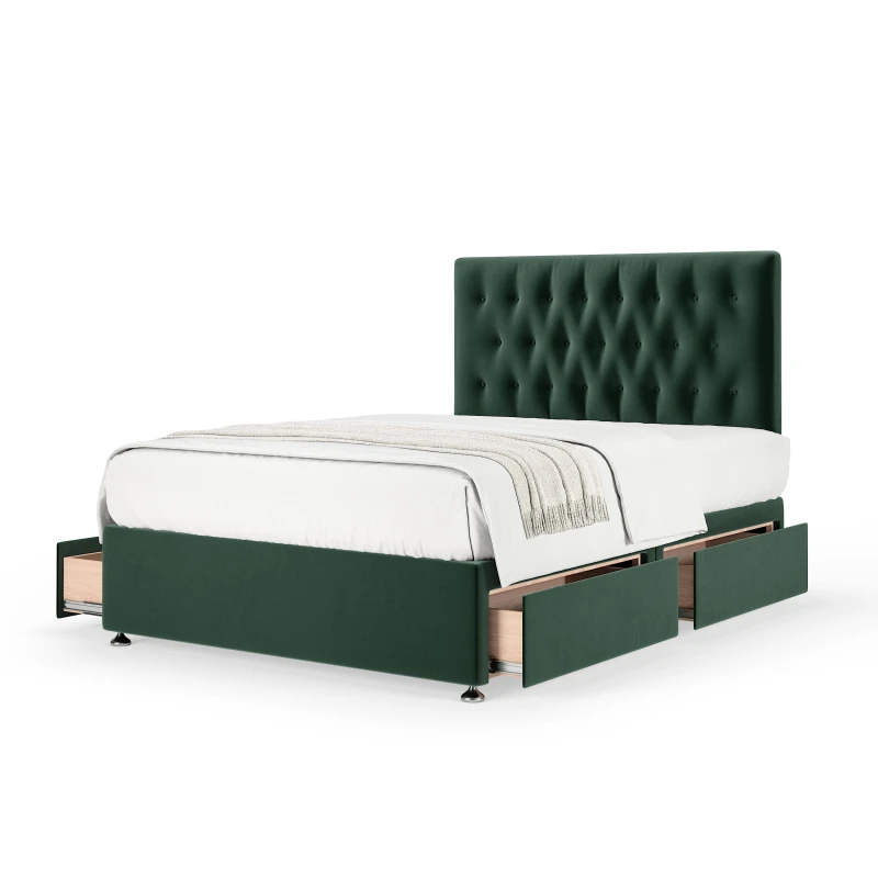 Image of Bedmaster Bedmaster Plush Velvet 4 Drawer Divan Base And Button Headboard in Emerald Size: Super King Emerald Super King Unisex 7867870929212