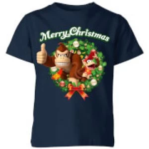 image of Nintendo Donkey Kong Wreath Thumbs Up Kid's Christmas T-Shirt - Navy - 11-12 Years