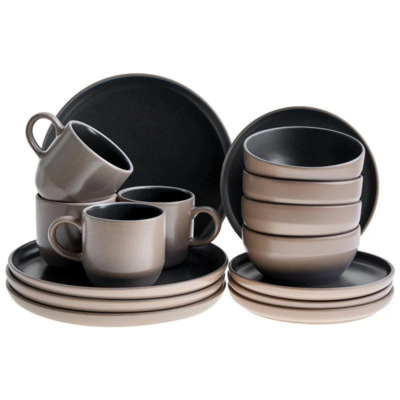 Image of Beliani Set Of 16 Dinnerware Nutmeg Stoneware Black/ Beige