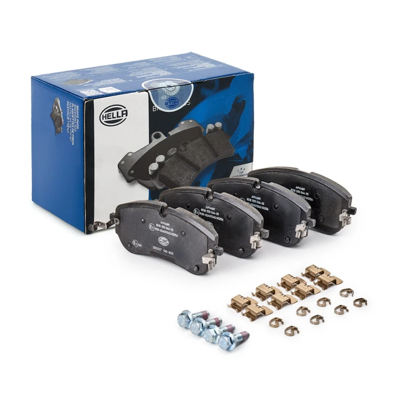 Image of HELLA 8DB 355 044-251 Brake pad set prepared for wear warning indicator, with accessories, with brake caliper screws Brake Pad Set,disc brake (402)