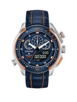 Image of Citizen Eco-Drive Promaster Black And Orange Detail Chronograph Dial Orange Stiched Black Leather Strap Mens Watch