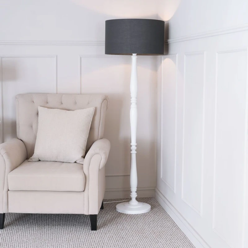 Image of ValueLights Victoria White Wood Traditional Stem Floor Lamp with Fabric Drum Shade Charcoal
