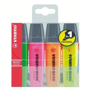 image of STABILO BOSS Original 2 5mm Chisel Tip Highlighter Assorted Colours Pack of 4