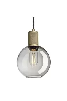 image of Knurled Tinted Glass Globe Pendant Light, 7 Inch, Smoke Grey, Brass Holder