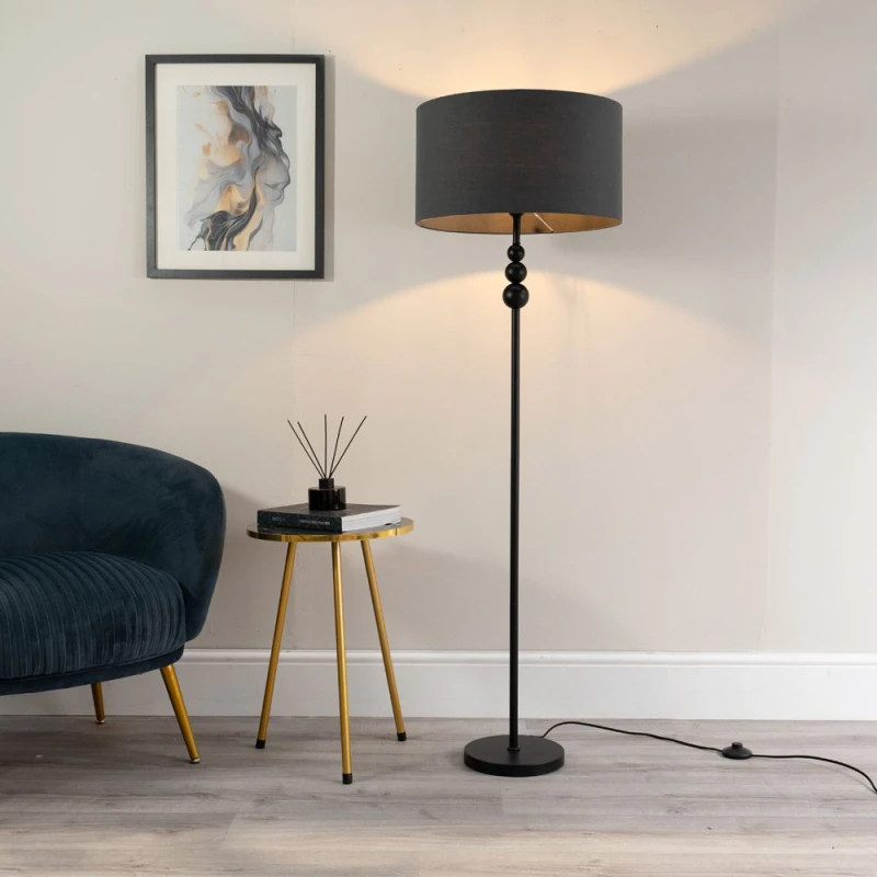 Image of ValueLights Marissa Fabric Drum Shade with Black Stacked Ball Floor Lamp Charcoal