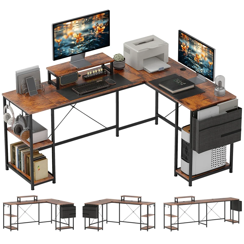 Image of HOMCOM 168cm Reversible L Shaped Desk, 240cm Two Person Desk Brown
