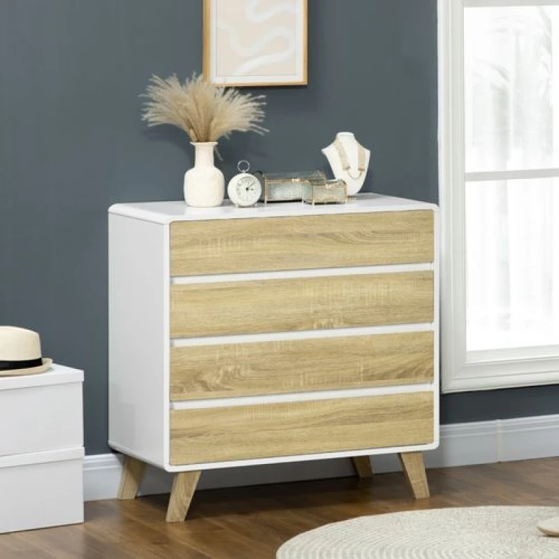 Image of HOMCOM HOMCOM Chest of Drawers, 4 Drawer Storage Cabinet Organiser for Bedroom, Oak in White White One Size Unisex 5063603001770
