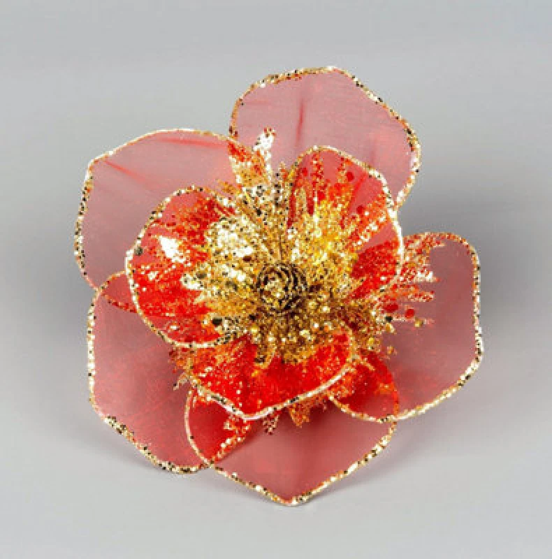 Image of Shatchi 6Pcs -15Cm Deluxe Christmas Glitter Poinsettia Red Gold Net Artificial Flowers With Metal Clips Christmas Tree Decorations