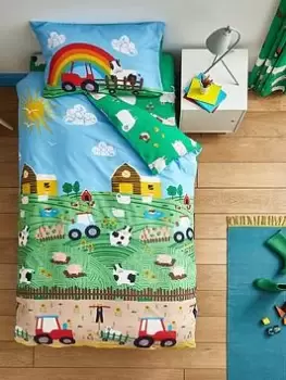 Image of Catherine Lansfield Bedding Farmyard Animals Single Duvet Cover Set With Pillowcases Blue, Green, Size Junior