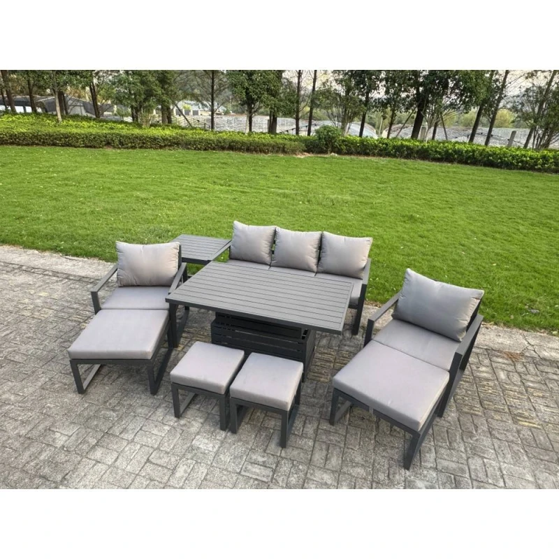 Image of Fimous Aluminum 9-Seater Sofa Set with Lifting Table, 2 Chairs, 4 Footstools in Dark Grey Dark Grey Unisex
