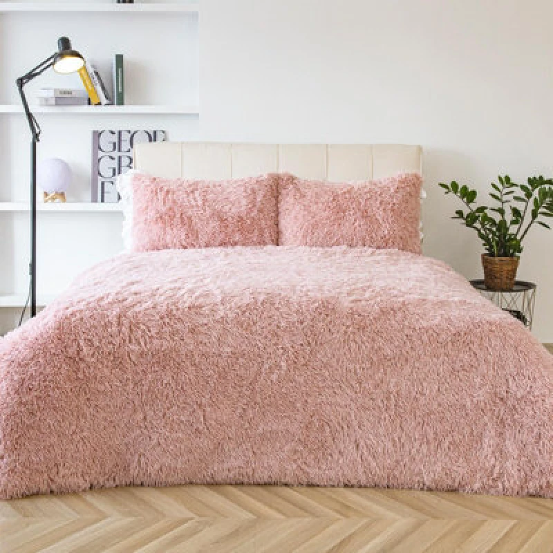 Image of OHS OHS Teddy Duvet Cover Set Bedding Soft Fleece Faux Fur Shaggy in Light Pink Size: Single Light Pink Single Unisex 5027434171804
