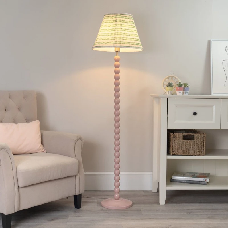 Image of Pink Bobbin Floor Lamp with Green Aztec Shade