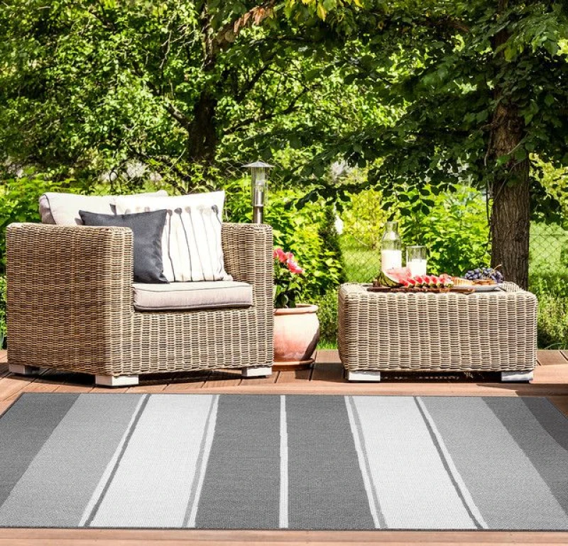Image of THE RUGS Reversible Outdoor Rugs in Tonal Stripes Design Duo Weave Collection in Dark Grey Size: 120cm x 170cm Dark Grey Unisex 120cm x 170 cm