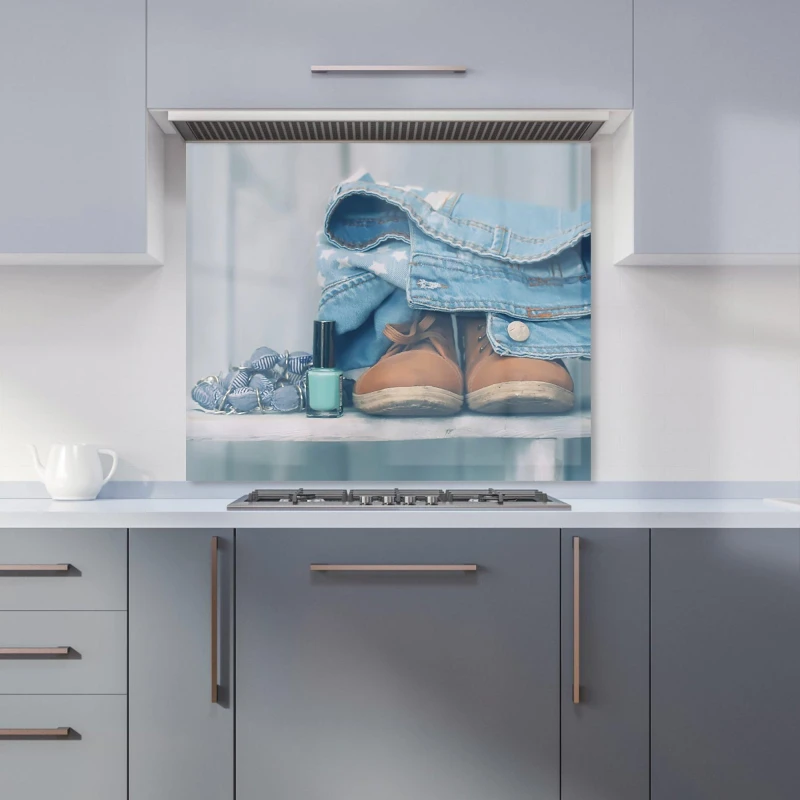 Image of Warren Reed - Designer Shoes On The Bench Kitchen Splashback in Blue Size: 600mm x 750mm Blue Unisex 600mm x 750mm