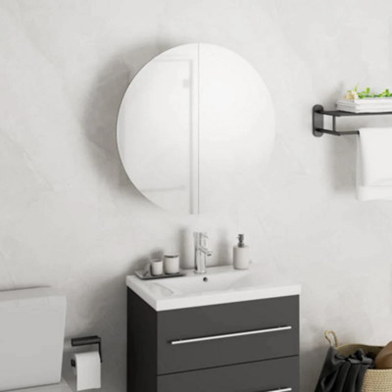 Image of vidaXL Bathroom Cabinet with Round Mirror&LED White 40x40x17.5 cm, White 345579