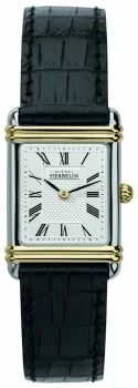 image of Michel Herbelin Womens Art Deco Black Leather Strap Watch