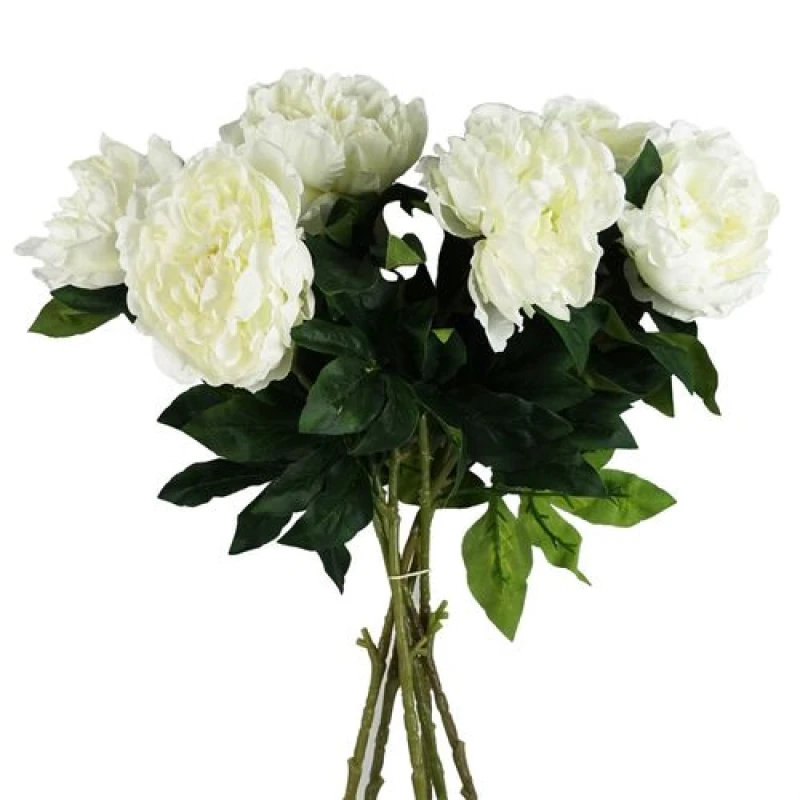Image of Leaf Pack of 6 x 80cm Artificial White Peony Stem