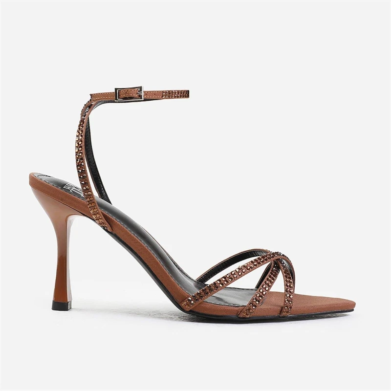 Image of Wheres That From Eben Cross Over Strap With Gem Detailing Heels In Chocolatesatin female 3