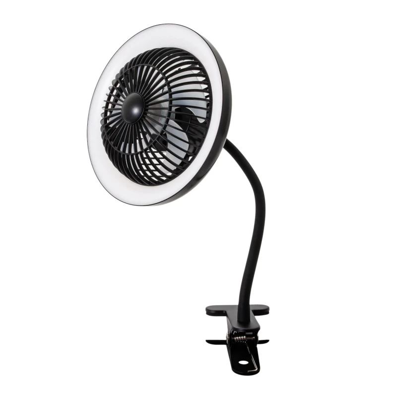 Image of Happy Homewares Modern Rechargeable 3 Speed Clip-On Fan with LED Dimmable Ring Light in Black Unisex