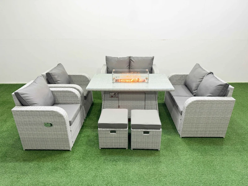 Image of Fimous 8 Seater Outdoor Reclining Chair Love Sofa Set Rattan Garden Furniture Set with Firepit Dining Table 2 Stools Light Grey Light Grey