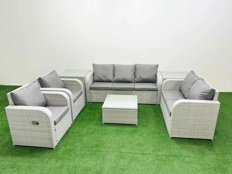 Image of Fimous PE Rattan Garden Furniture Set Adjustable Chair Sofa Double Love Seat 2 Seater Sofa Lounge Set Square Coffee Table 2 Side Table Light Grey Ligh