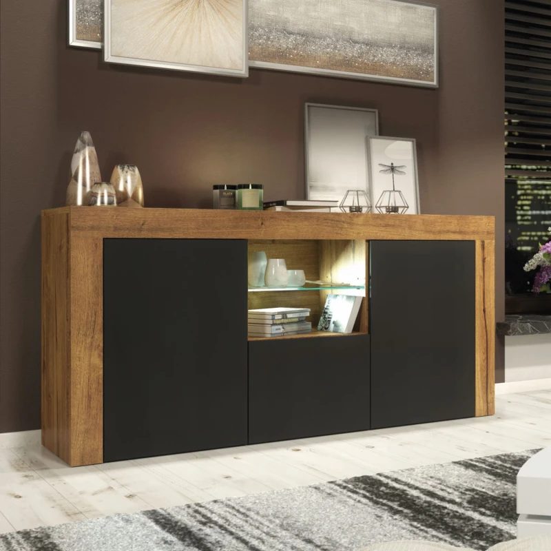Image of Creative Furniture Aurora Sideboard 145cm - A Modern and Practical Cabinet with Gloss Doors and LED Lights Brown