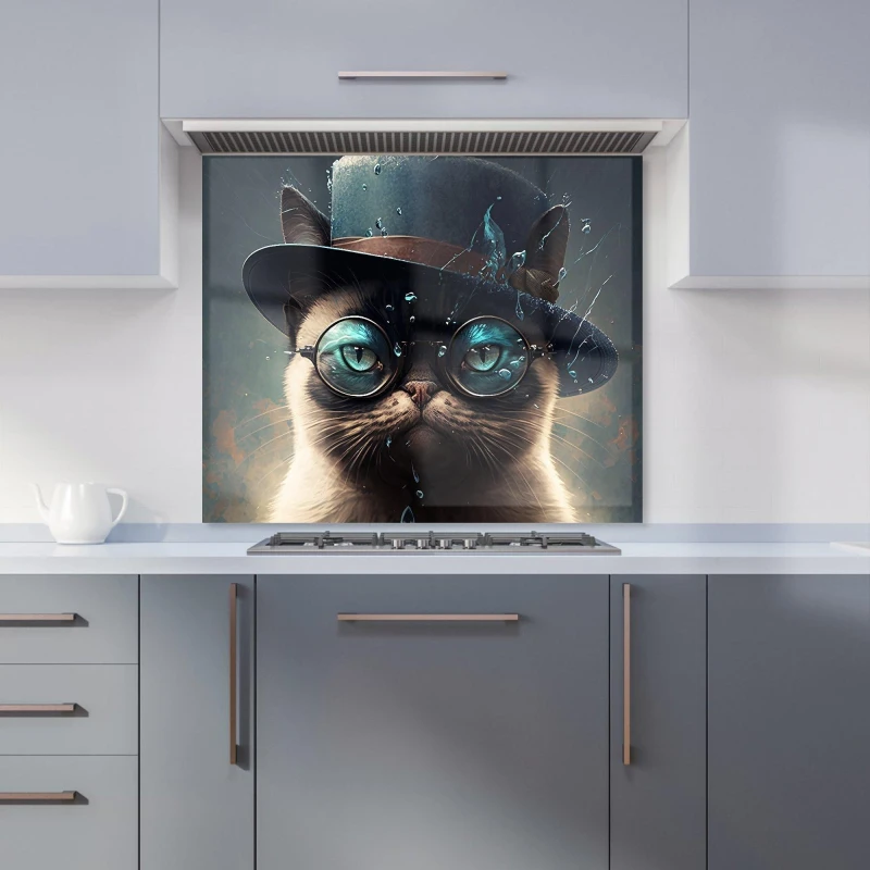 Image of Warren Reed - Designer Siamese Cat With Glasses Splashart Kitchen Splashback Size: 600mm x 750mm Multicolor Unisex 600mm x 750mm