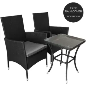 image of Garden Outdoor Rattan Bistro Set Furniture 3 PCs Patio Weave Companion Chair Table Set Conservatory Balcony 2 Seater Black FREE Rain Cover - Black